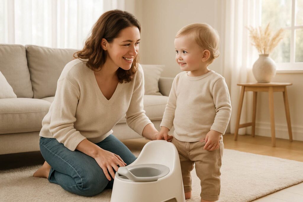 Gentle potty training at home, Parent kneeling with toddler near a potty chair, both smiling in a bright cozy living room.