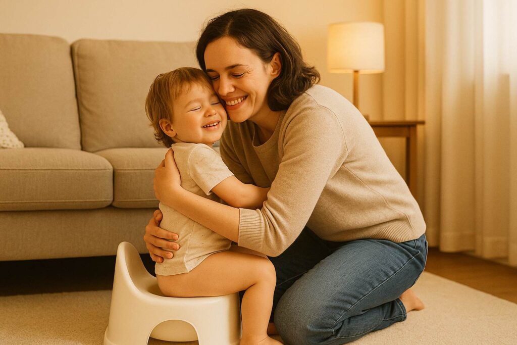Parent warmly hugs toddler after successful potty time in a cozy family room.