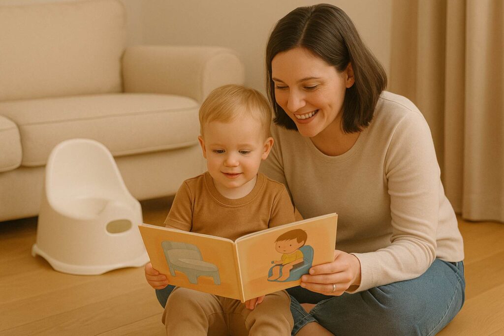 Parent and toddler reading a potty-themed book together with a potty chair in the background.