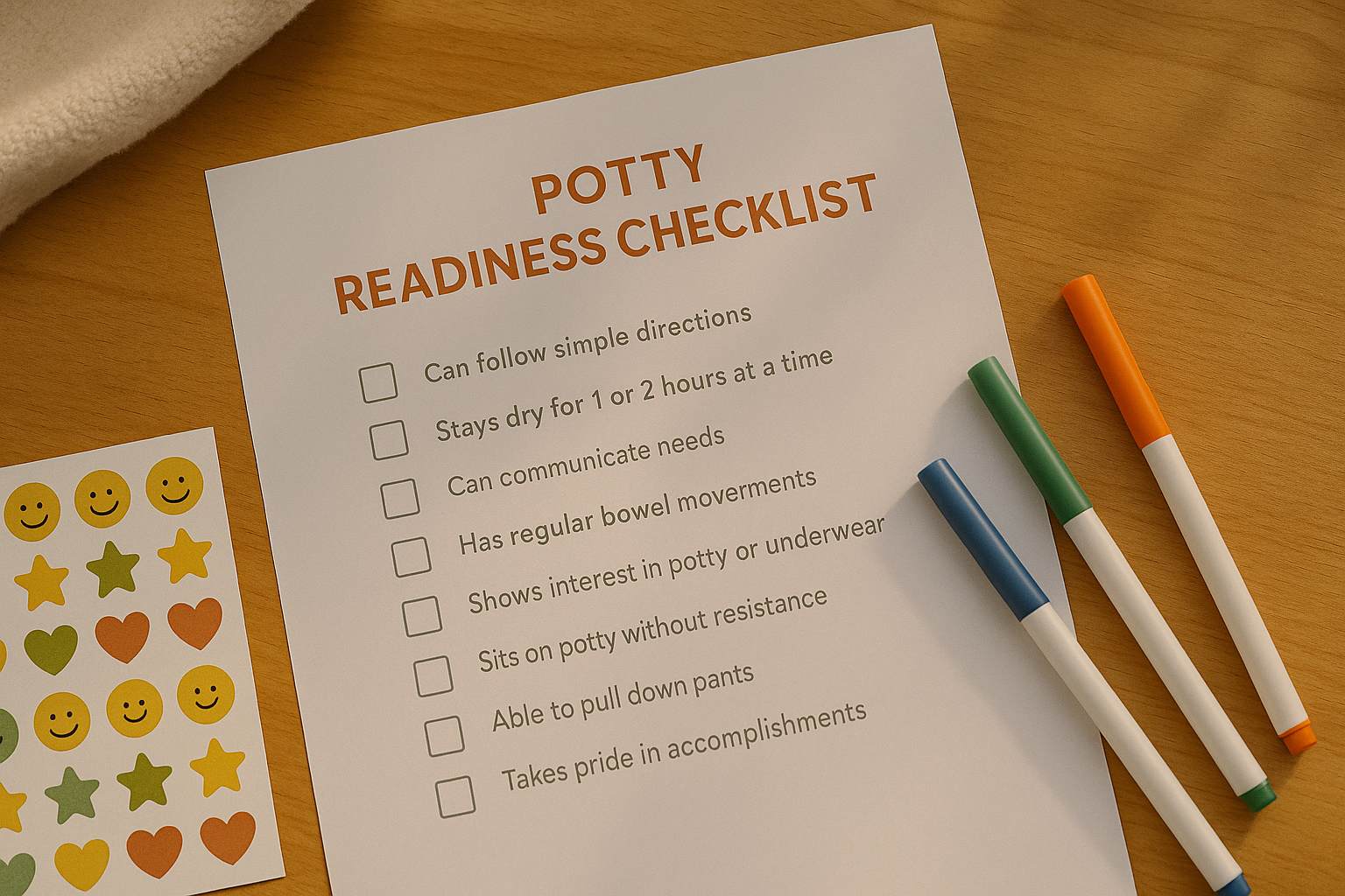 Printed potty training readiness checklist with colorful markers and stickers on a wooden table.