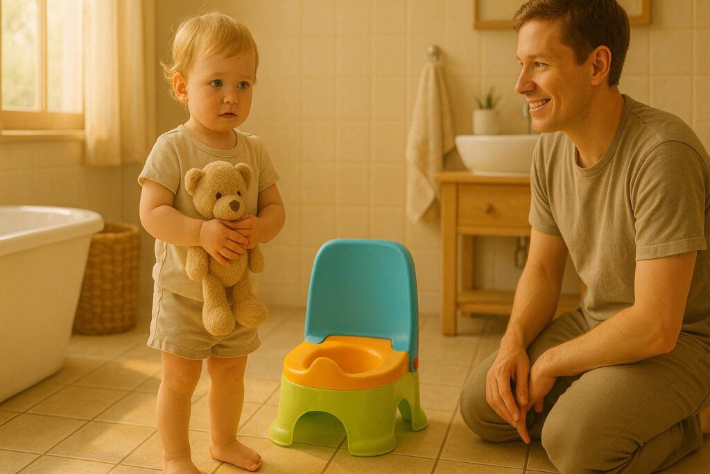 Toddler on potty offered choices like toy or book to reduce potty battles.